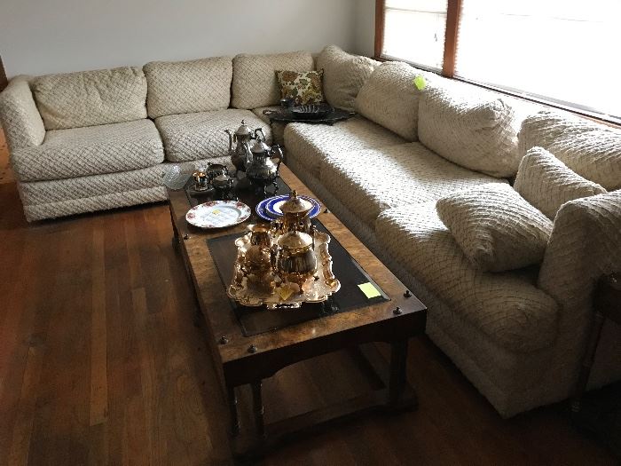 MCM sectional sofa, coffee table & end tables. Silver and gold plated coffee/tea sets or individual pieces