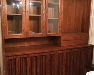 Mid Century Modern 2-piece sideboard with storage and china hutch by Dillingham.  Unit has a total of 4 drawers and 11 shelves (2 glass shelves not shown). Overall size: 74" tall, 74"wide, 19" deep.