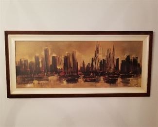 Cool mid-century print on hard paperboard, framed.  Modernism, Metropolitan Skyline, by Ozz Franca.  Size: 45.75" x 20.75"