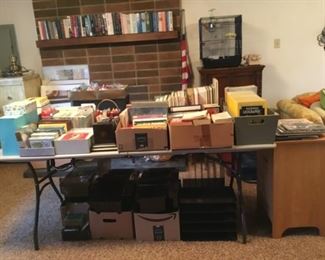 Cards, Books, Magazines, Plastic Inbox trays underneath table.