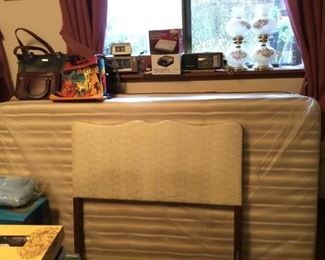 Twin headboard, Twin Mattress and Box Spring, Purses, Clock-Radios, Hurricane Lamps
