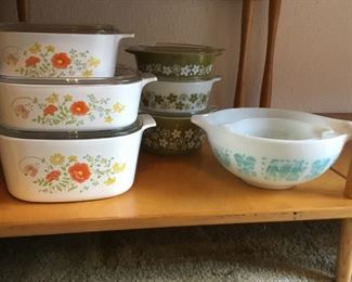 Vintage Pyroceram Corning Ware (Wildflower, Daisy/Spring Blossom Green Flower Bowls, Blueprint Amish Cinderella Style Mixing Bowls)