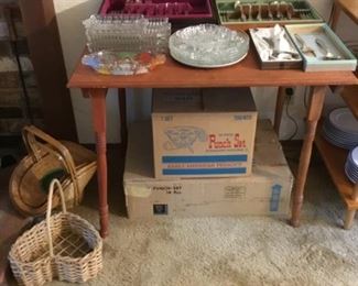 Silver-plate Flatware, EAPG, Anchor Hocking Punch Bowl, Large Box has Contemporary Style Punch Bowl Set, Baskets.