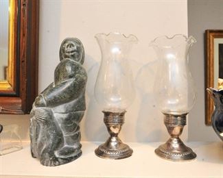 Inuit soapstone carving; sterling candlesticks