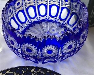 Medium Cobalt Blue Cut to Clear Bowl with Sawtoothed Edge.