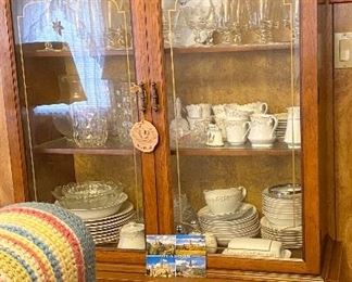 China Cabinet/Hutch, Crystal Stem Ware, Crocheted Blanket