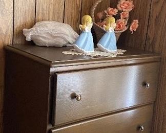 Chest of Drawers, Ceramic Angels, Embroidered Wall Hanging