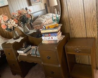 Antique Vanity with Matching Bedroom Set, Assorted Books, Hobnail Vase, Night Stand