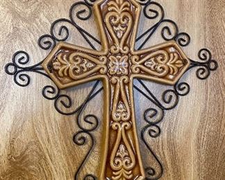 Ceramic Cross with Wrought Iron Background