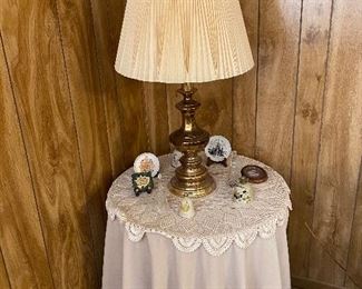 Round Spool Corner Table, Round Tablecloth, Round Doiley, Brass Lamp, Assorted Collection of Bells