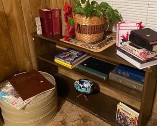 Assorted Books, Book Shelf, Vintage Retro Mid Century Modern Round Vinyl Footstool Ottoman Hassock, Plant, Coconut from Kauai, Book Ends