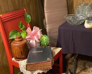 Vintage Ironing Board, Assorted Sewing Notions, Side Chair, Plant, Family Bible, Lace Doilies 