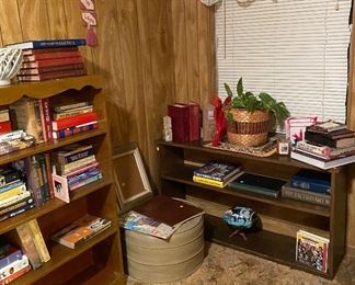 Assorted Books, Book Shelf, Vintage Retro Mid Century Modern Round Vinyl Footstool Ottoman Hassock, Plant, Coconut from Kauai, Book Ends