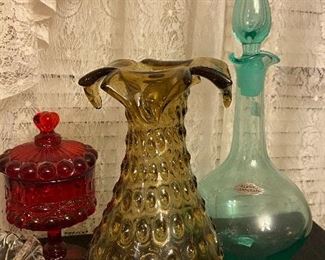 Italian Murano Victorian Style Hobnail Vase, Blenko Aquamarine Genie Decanter, Ruby Red Candy Dish