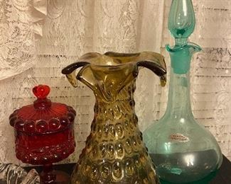 Italian Murano Victorian Style Hobnail Vase, Blenko Aquamarine Genie Decanter, Ruby Red Candy Dish