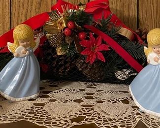 Christmas Decor Table Top, Doiley, Ceramic Angel Figurine