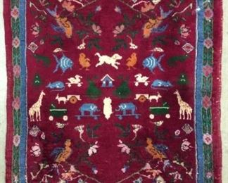 Antique Handmade Animal Detailed Wool Rug
