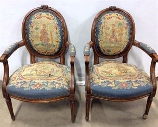Pair Antique French Needlepoint Bergères
