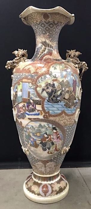4 Foot Tall Japanese Hand Painted Ceramic Vase

