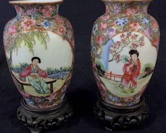 Pair Antique Hand Painted Chinese Urn Vases

