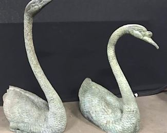 Pair Life Size Bronze Intricate Swan Sculptures

