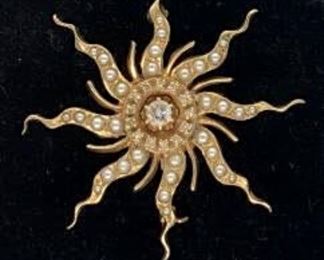 Pearl and Diamond Sunburst Pin, 14 k Gold
