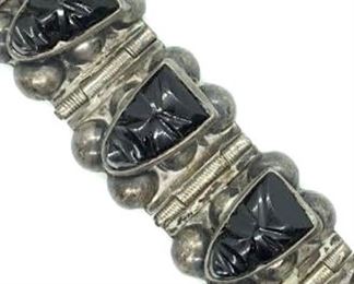 Mexican Sterling Silver Bracelet W Onyx Faces
