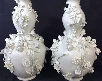 Pair Blanc de Chine Gourd Vases, Floral Branches
