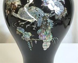 Signed Korean Lacquer Ware Mother Of Pearl Vase
