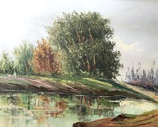 Signed CARRAS Oil On Canvas Of Pond Landscape
