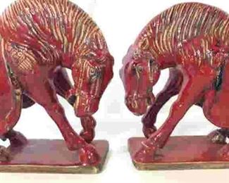 Pair Red Glazed Asian Horse Sculptures
