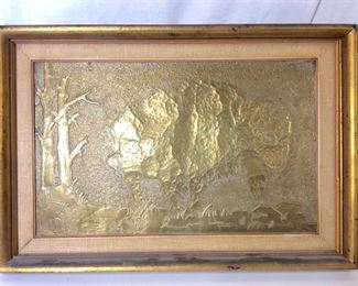 Vintage Framed Brass Relief Of Buffalo
