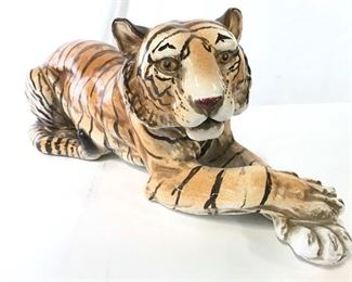 Hand Painted Ceramic Tiger Sculpture Marked ITALY
