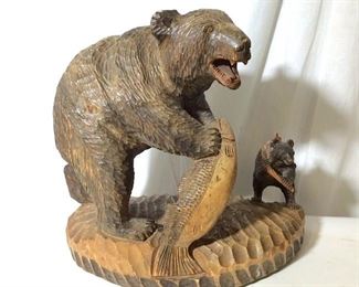 Signed Mid Cent Chinese Wood Bear & Cub Sculpture
