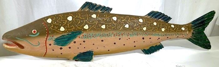Large Vintage Painted Wooden Fish Decor
