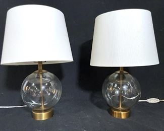 Pair Glass Orb And Brass Toned Table Lamps
