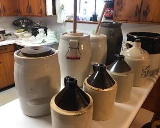 Butter churn, crock, whiskey jug Stoneware pottery. Louisville, Ransbottom, S Richard And Sons, Birley winter