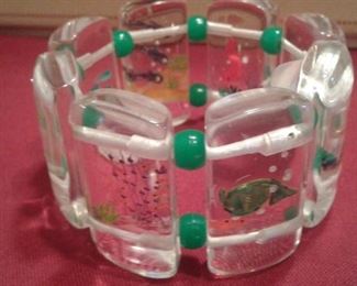 RARE Lucite, vintage signed designer CLARKE bracelet. Underwater motif