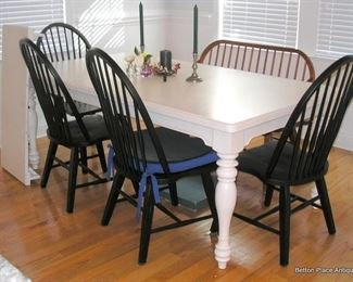 White Dining Table with 2 extensions , 78 x 42 inches with one extension in it. Four black Large size Windsor Chairs