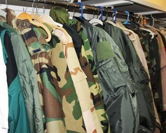 Military uniforms:  BDUs, desert BDUs, flight jackets, flight suits, Gortex jackets/pants, BDU field jacket