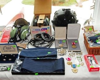 Air Force uniform items, medals, pilot headsets