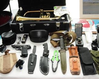 Knives, pellot pistol, holster, sunglasses