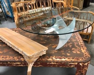 Ralph Lauren table, MCM propeller table, rattan, palm frond console...