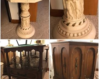 Vintage side tables: Alabaster marble cherub table and two wooden tables, all 50+ years old.