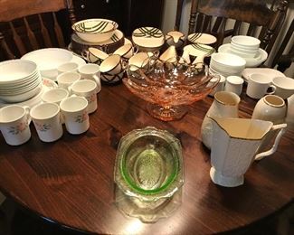 Corelle set, depression glass, nice set of china, Lenox vases
