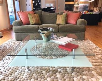 Crate & Barrel sculpted ‘Pebble’ Room-sized Rug & Italian Contemporary Glass and Metal Coffee Table.