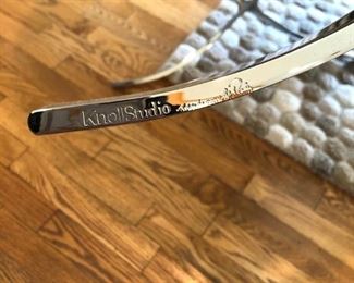 Knoll Barcelona Chair & Ottoman in Creme..Designed by Ludwig Mies van der Rohe, produced by Knoll®. Crate & Barrel sculpted ‘Pebble’ Room-sized Rug.