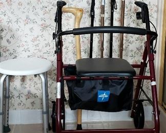 Bath stool, canes & wheeled walker has seat & storage