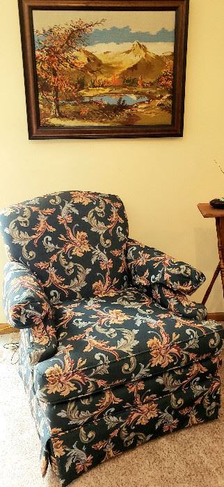 Print chair & needlepoint picture