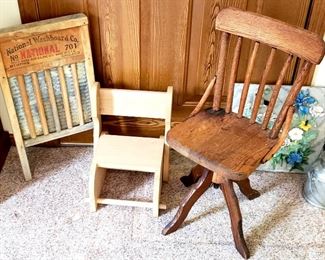 Wash board, step stool/chair & antique child's pedestal oak chair